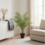 Bright living room corner featuring a potted palm plant by a white cabinet with a gray throw, and a beige sofa near sheer curtains.