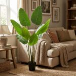 Tall green indoor plant in a black pot sits beside a beige sofa in a cozy living room.
