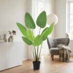 Bright living room featuring a tall potted tropical plant with broad green leaves, a gray tufted chair, and a cozy throw by the window.