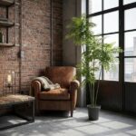 Brown leather armchair with a knitted throw beside a tall potted fern, by large industrial windows in a brick-walled room.