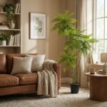 Cozy living room with a brown leather sofa, beige blanket, and neutral cushions, next to a tall leafy plant by a window and a round coffee table with a mug.