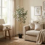 Cozy living room with a tall potted plant beside a beige sofa and botanical wall art framed above it
