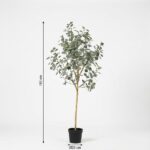 Tall artificial eucalyptus tree in a black pot, height 180 cm with a 23 cm pot diameter.