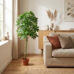 Bright living room with a tall leafy houseplant in a terracotta pot beside a beige sofa and light wood sideboard under soft sunlight from a window.