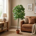 Tall potted indoor plant beside a brown leather sofa in a light-filled living room with beige walls.