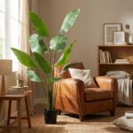 Sunlit living room with tall green plant in a black pot beside a brown leather armchair.