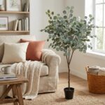 Cozy living room corner with a beige sofa, knitted throw, cream and rust pillows, tall potted plant, and woven basket by a window.