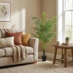 Cozy living room corner with a beige sofa, rust and mustard cushions, and a knitted blanket; tall potted plant beside a wooden table by the window.