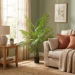 Living room corner with a tall potted palm beside a beige sofa, wooden side table, and soft natural light from a window.