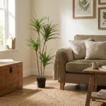 Tall potted houseplant with long green leaves beside a beige sofa in a sunlit living room with wooden furniture and framed botanical art.