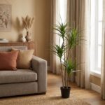 Tall potted indoor plant (dracaena) near a window in a cozy living room with beige curtains and a gray sofa with orange and beige cushions.