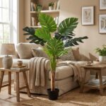 Tall potted Monstera plant in a beige living room with sofa, side tables, and natural light from a window.
