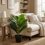 Indoor living room with a large potted fiddle-leaf fig beside a beige sofa, wooden side table, and built-in shelves behind.