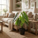 Cozy living room with a beige sofa, knitted throw, and a large potted leafy plant in the foreground.