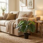 Cozy living room with a beige sofa, textured throw, and brown cushions, plus a potted monstera plant and wooden side table with a lamp.