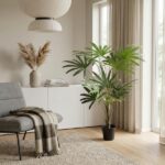 Modern living room corner: gray chair with a plaid throw, white cabinet, vase of dried grasses, and a tall potted palm by a large window.