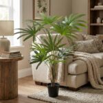 Indoor potted palm plant on a rug in a bright living room with a beige sofa and a wooden side table.
