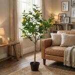 Potted lemon tree with ripe yellow lemons in a cozy living room beside a tan leather sofa.