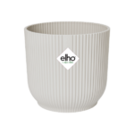 White ribbed plant pot with an elho logo on the front.