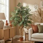 Tall indoor ficus-style tree in a terracotta pot placed beside a beige sofa with rust and olive pillows in a cozy living room.