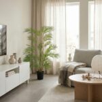 Bright minimalist living room with a large potted palm, white media console, gray sofa with a throw, and a round wooden coffee table.