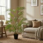 Tall potted palm plant beside a beige sofa in a sunlit living room with botanical prints on the wall.