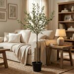 Olive tree in a black pot sits in a cozy beige living room with a sofa, throw blanket, and wooden furniture including a side table and bookshelf.