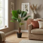 Potted large-leaf indoor plant in a black pot beside a beige sofa in a sunny living room with framed botanical prints and a ceramic vase on a wooden cabinet.