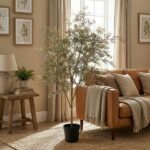 Potted olive tree in a beige-toned living room beside a tan leather sofa and botanical wall art, near a window.