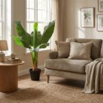 Light-filled living room corner with beige sofa, throw blanket, potted large-leaf plant, round wooden side table, and framed botanical prints.