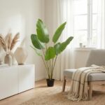 Bright living room with a tall potted plant by a sunlit window, a white cabinet with vases, and a beige chair with a cozy throw.