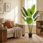 Bright living room with a beige sofa, warm pillows and a knit throw, a tall potted plant by a sunlit window, and a wooden bookshelf.