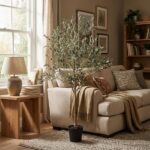 Potted olive tree in a beige living room beside a sofa with cushions and a wooden side table.