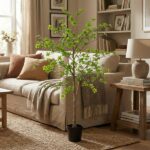 Potted decorative tree with bright green leaves in a cozy living room, beige sofa with pillows and a throw, wooden side table and bookshelves nearby.