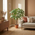 Tall leafy plant in a terracotta pot stands beside a beige sofa in a warm, sunlit living room with a wooden sideboard and decorative items nearby.