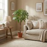 Sunlit living room corner featuring a tall potted plant by a beige sofa and a wooden side table with a lamp.