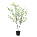 Small decorative tree in a black pot with thin dark stems and bright green new leaves.