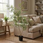 Potted leafy tree in a beige living room, with sunlight from a large window, a sofa with cushions, a wooden side table, and bookshelves in the background.
