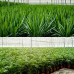 Close-up of spiky green leaves in a greenhouse, with rows of potted plants visible in the background.