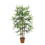 Artificial bamboo plant in a terracotta pot with multiple slender brown stems and green leaves.