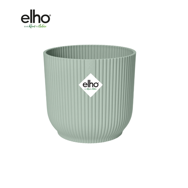 Mint green ribbed plant pot with the Elho logo on the front and brand text in the corner.