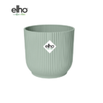 Mint green ribbed plant pot with the elho logo centered on the front.