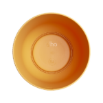 Top-down view of a round yellow plant pot with the elho logo in the center.