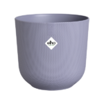Purple textured plant pot with the Elho logo, round and tapered at the base, empty interior ready for a plant.
