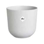 White textured planter pot with an ellipsis logo on the front (brand: elho) of a round, tapered ceramic/plastic container.