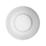 Top-down view of a white round shallow bowl with a center recessed ring and subtle logo at the bottom interior edge (minimalist dishware)