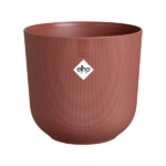 Terra-cotta textured plant pot with a diamond-shaped elho logo on the front and a small tag at the rim edge, round and oval shape.