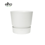 White cylindrical planter with a matching saucer on a white background (brand: elho).