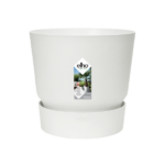 White ceramic planter with a matching saucer, elho branding visible on the front label.