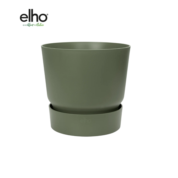 Olive-green plant pot with a matching saucer, by elho